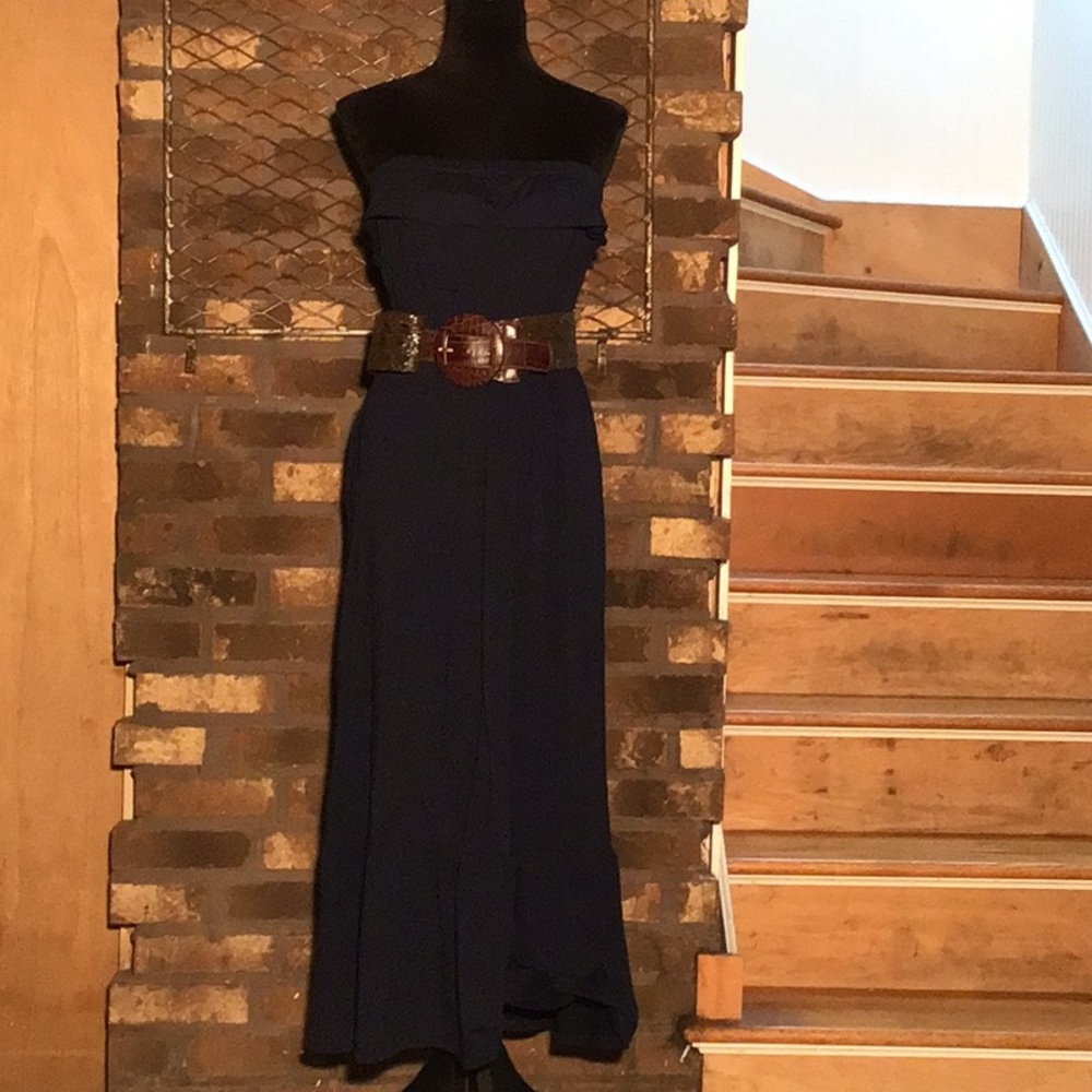Route 66 strapless dress navy blue belted ruffled M
